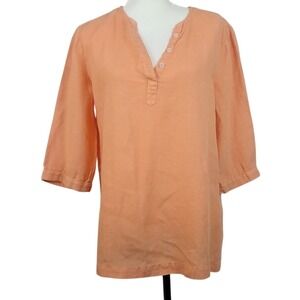 LULU B Sz S Linen Peach Orange Tunic Top 3/4 Sleeve Button‎ V-Neck Relaxed Fit